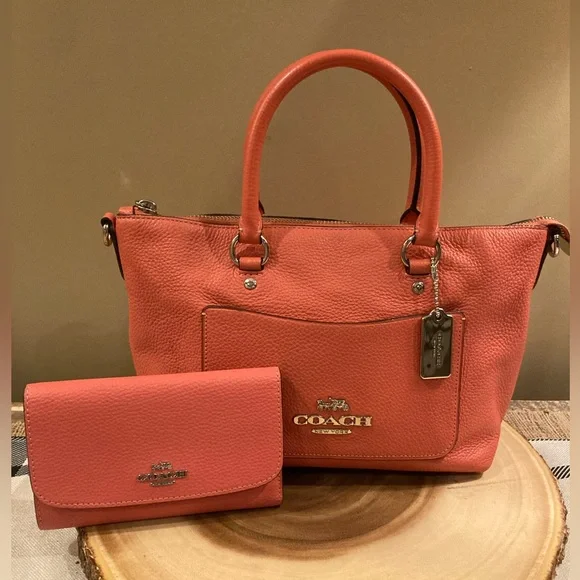 COACH Mini Emma Crossbody Satchel Pebble Leather F31466 Coral & Matching Wallet - Picture 2 of 14